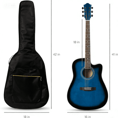 HarmonyStrings 41in Beginner Acoustic Guitar Full Size All Wood Cutaway Guitar Starter Set w/Case, Strap, Capo, Strings Blue