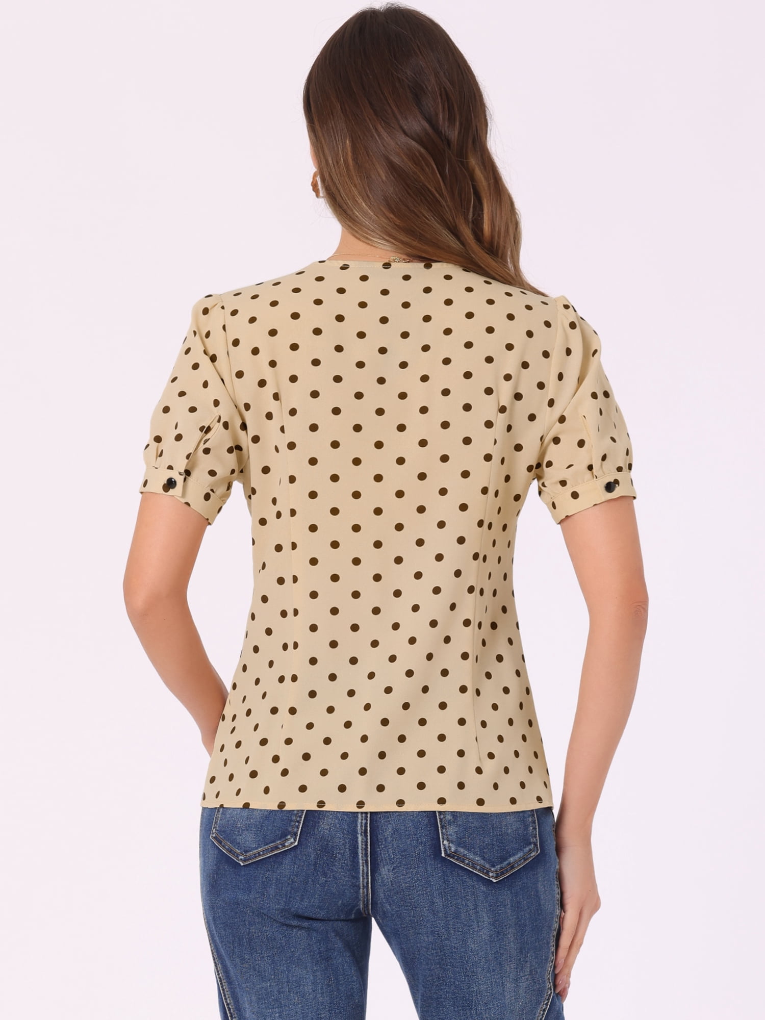 DARING DIVA Women's Polka Dots Peter Pan Collar Puff Sleeve Shirt XS Light Brown