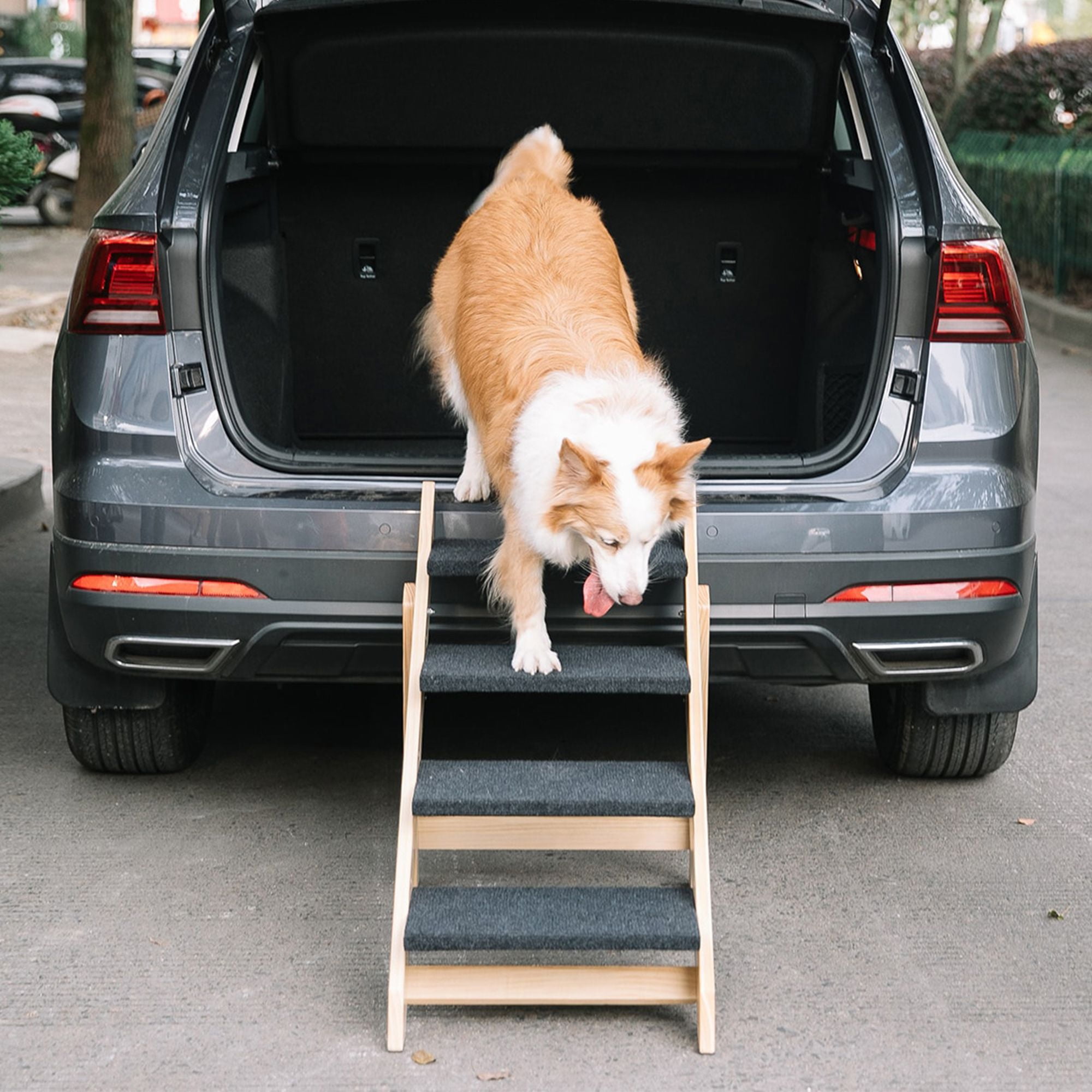 Pefilos Wood Pet Steps, Foldable 4 Steps Dog Stairs and Ramp Perfect for Beds and Cars, Portable Dog/Cat Ladder Up to 110 Pounds, Beige