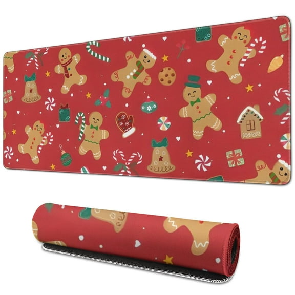Long Mouse Pads for Desk,Red Christmas Gingerbread Man Pattern Desk Mats on Top Of Desks, Desk Mouse Pad Extra Large with 3mm Non-Slip Base and Stitched Edge for Gaming,Office,Work,Home 31.5x11.8in