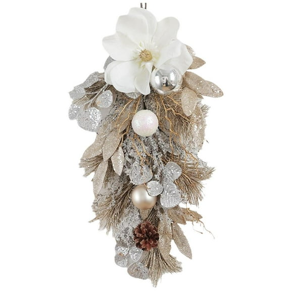 Pre-Lit Christmas Wreath for Front Door with Lights, Outdoor Lighted Wreath with Champagne Gold Balls and Magnolia for Porch, Fireplace Holiday Decor