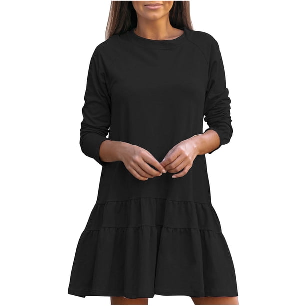 Mini vestido de manga larga con volantes sueltos sólidos con cuello en O informal a la moda para mujer Fridja nbo2501