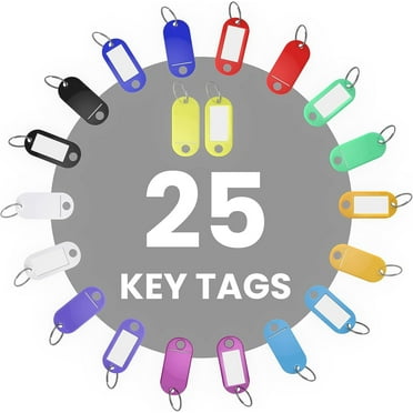 25 Pack Key Tags with Labels, 10 Colors Plastic Key Fobs with Split Ring, Heavy Duty Key Rings with Tags Sturdy, Name Tags for Keys Luggage Pet Memory Stick Tags, Label for Home Office Identification
