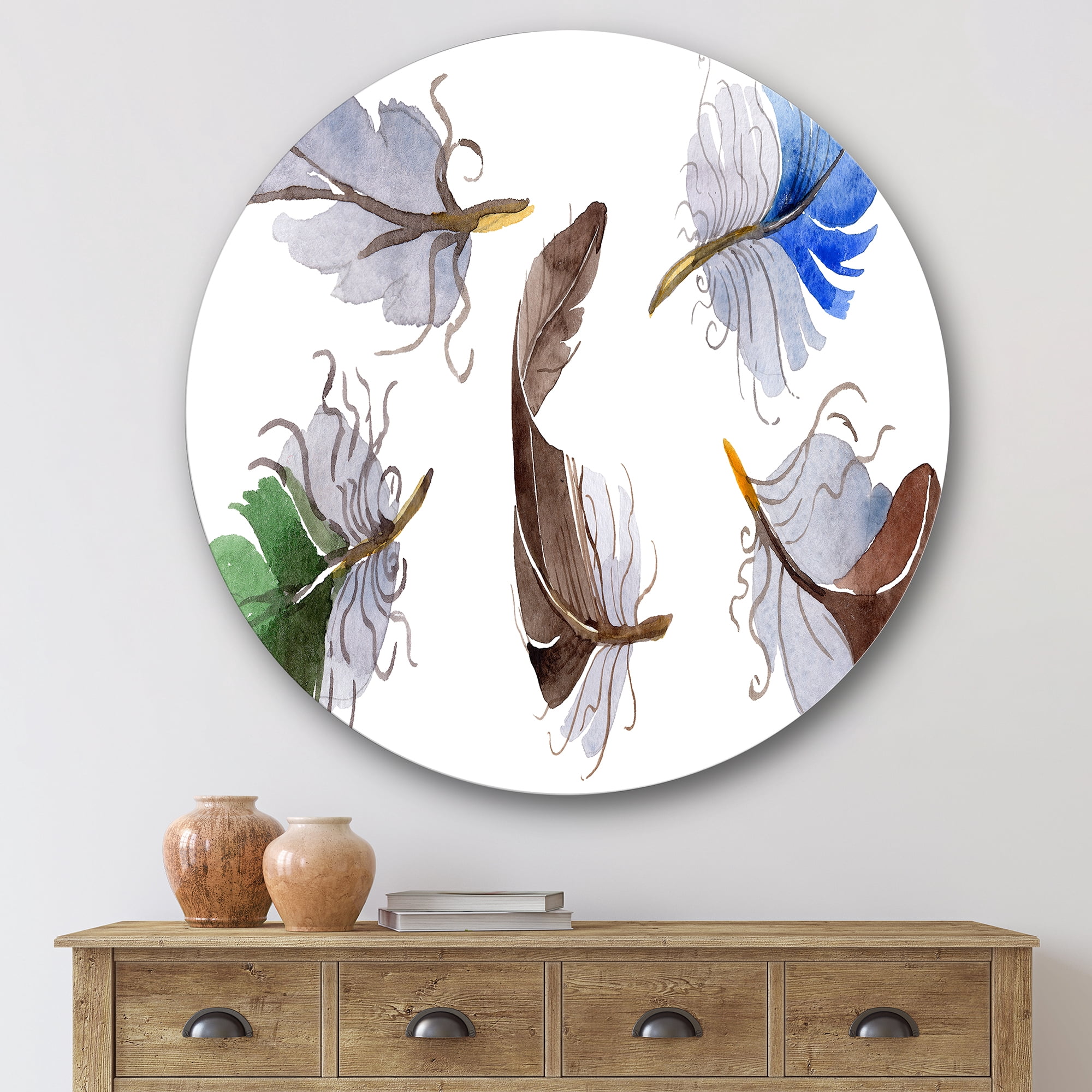 Designart 'Colourful Boho Feather Set On White IV' Bohemian & Eclectic Circle Metal Wall Art 36x36 - Disc of 36