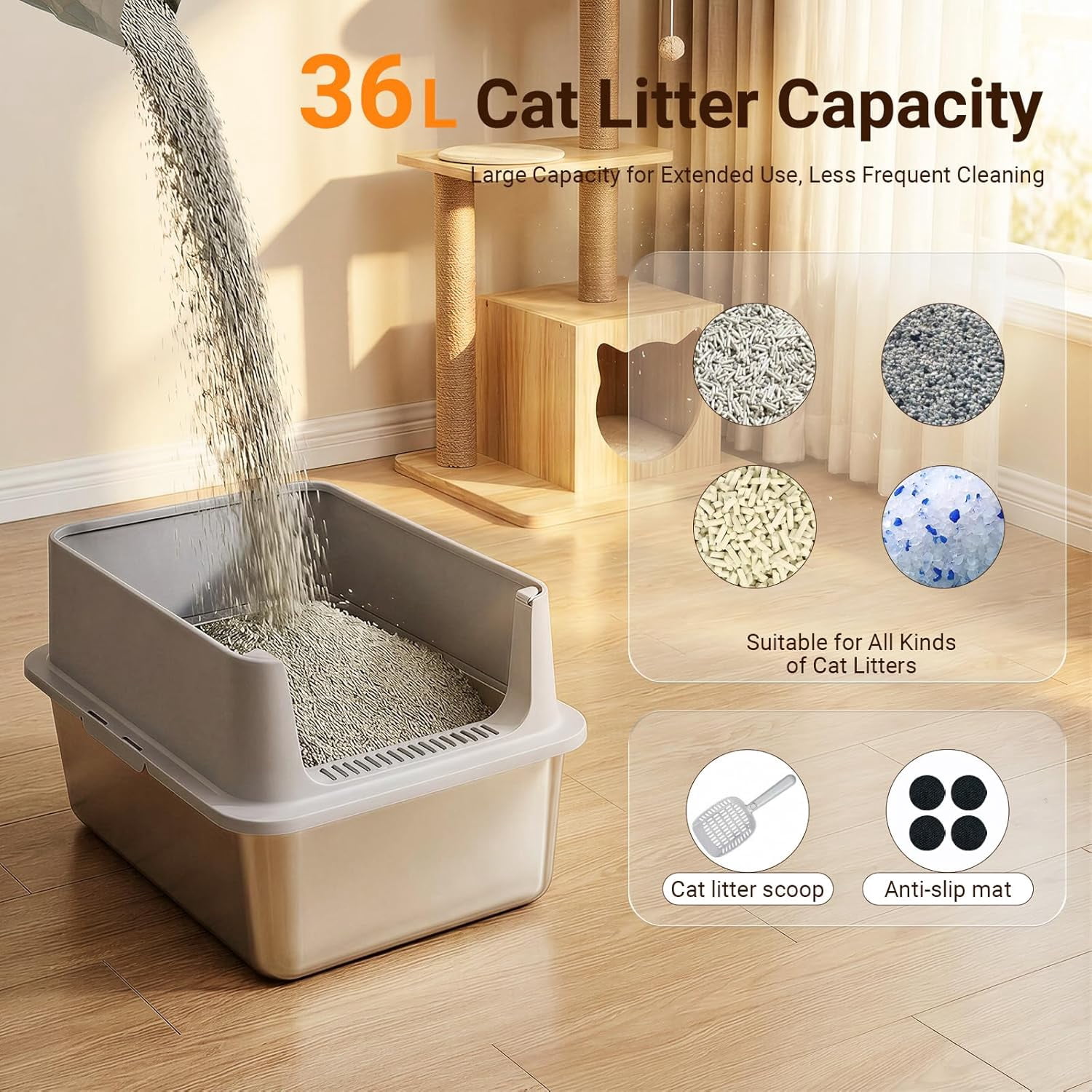 High Sided Stainless Steel Cat Litter Box, XL Extra Large Metal Litter Box for Big Cats, Non-Stick & Anti-Odor, Anti-Urine Leakage, Easy to Clean, Includes Scoop