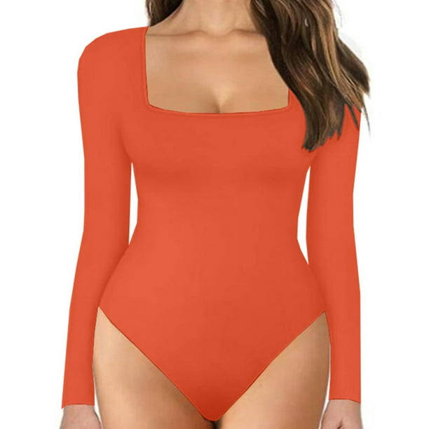 MAWCLOS Women Casual Tights Bodysuit Party Long Sleeve Bodysuits Orange S