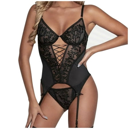 Blphud Sexy Gifts for Husband plus Size Lingerie Ladies Fashion Sexy Embroidered Lace Shapewear Set Bra Transparent Lingerie for Women Black S