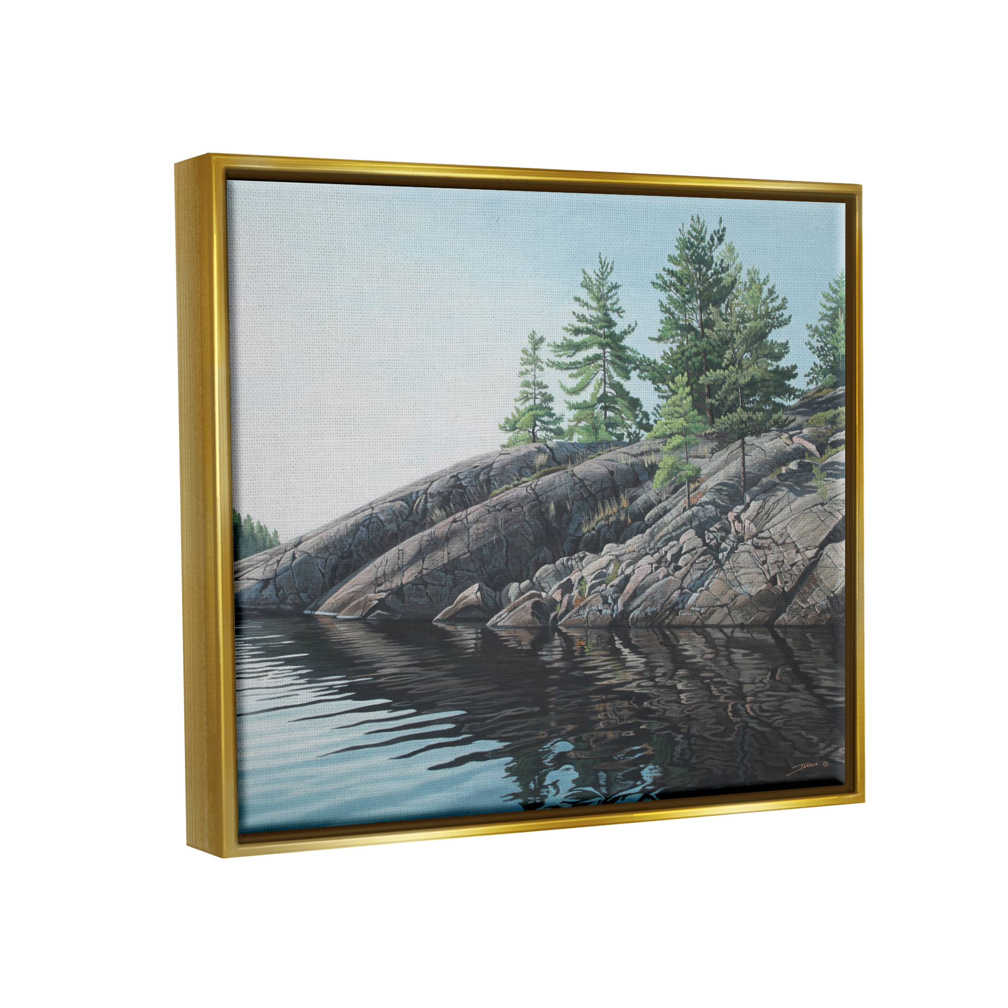Stupell Industries Rocky Lake Scenery Nature Painting Gold Floater Framed Art Print Wall Art, 31 x 25