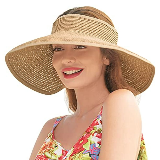Summer Sun Visors for Women Wide Brim Roll Up Straw Beach Sun Visor Hats  Womens Sun Hat Women Beach Hats for Women Foldable Sun Hats for Women,  Natural Visors for Women 