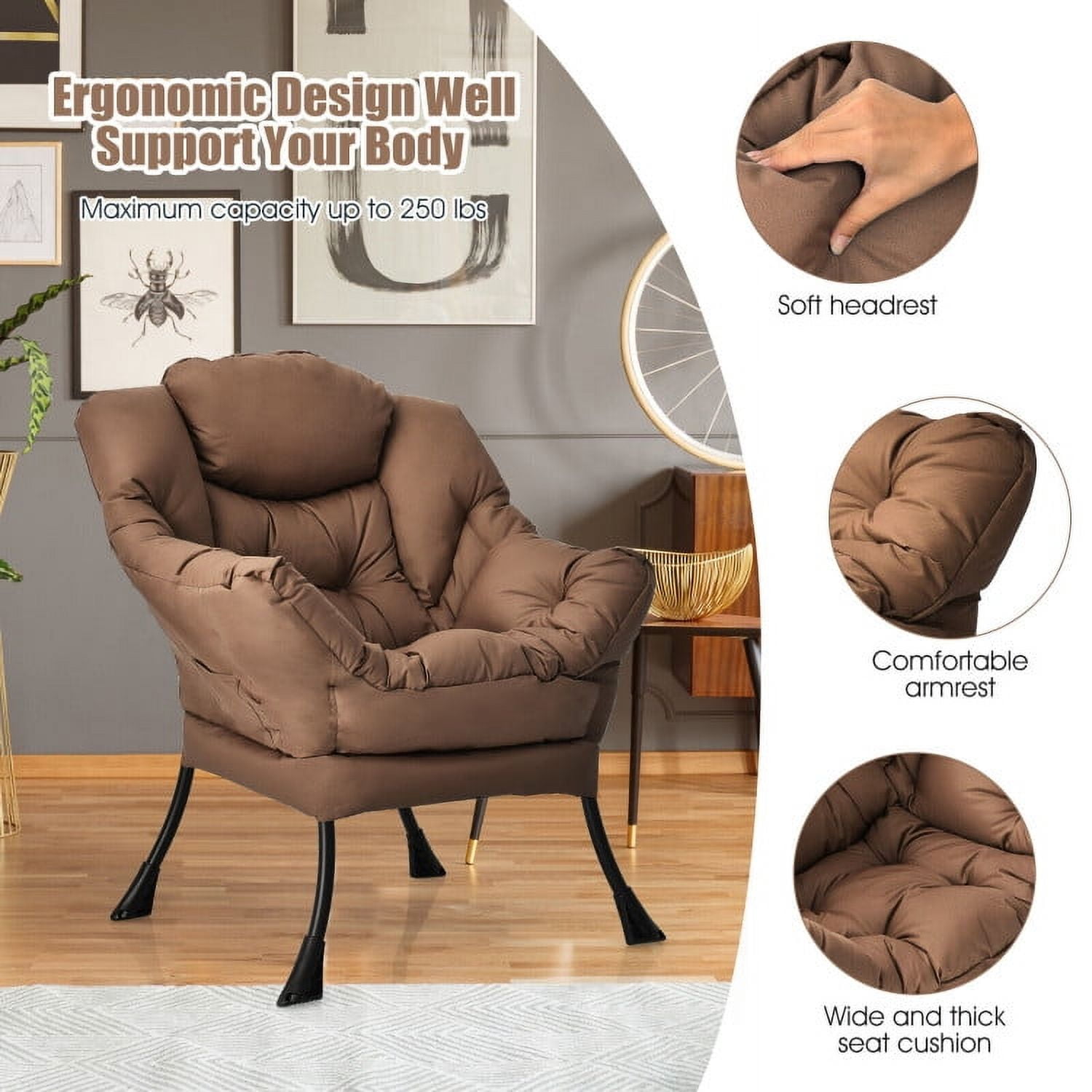 Demi Bonn Polyester Fabric Large Lazy Chair, Modern Accent Oversized Comfy Reading with Steel Frame and Side Pocket, for Living Room, Bedroom, Dorm, Brown