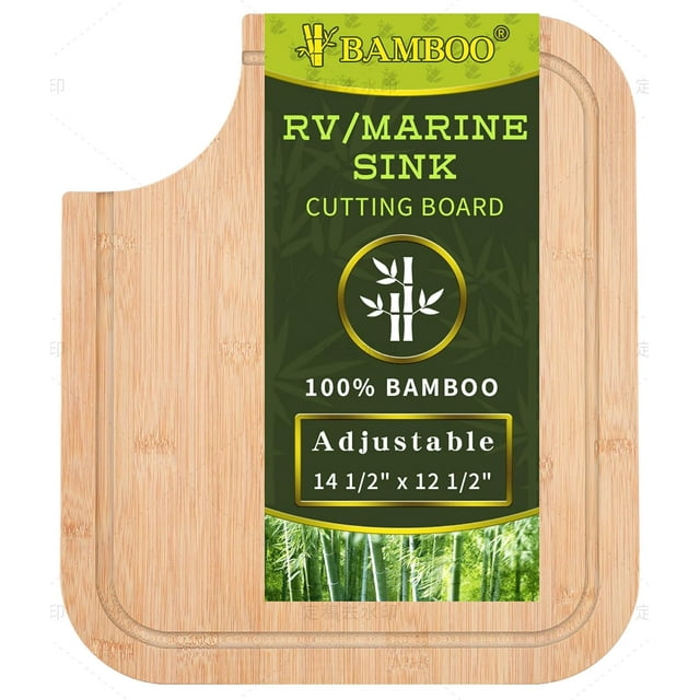 RV/Marine Sink Cutting Board (Bamboo),14.5" x 12.5 RV Sink Cover with Adjustable Rubber Feet,Increase Work Space, Fit for Most RV&Boat Sinks,Built-In Juice Groove, and Corner Cut for Scraps