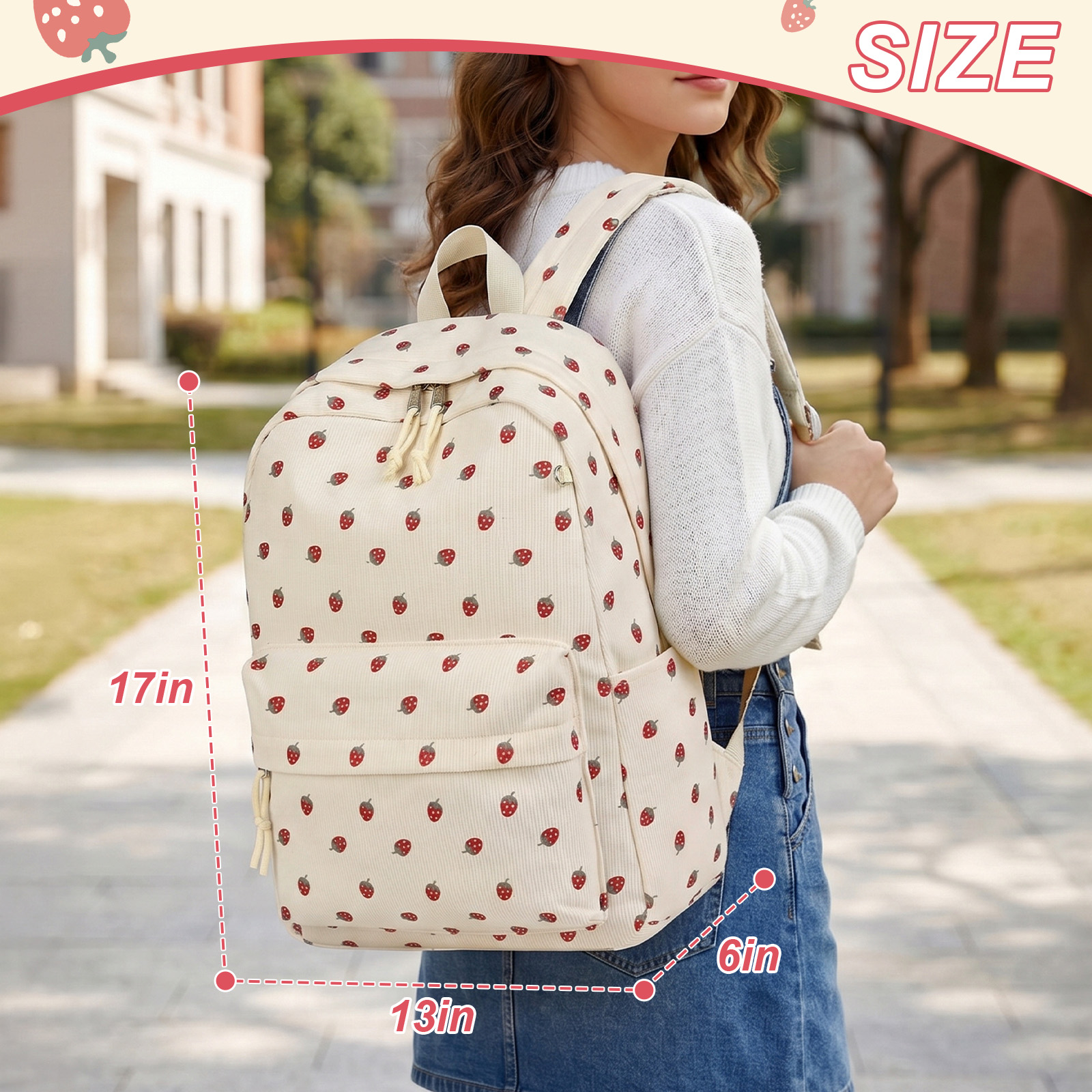 Mochila escolar para niños y adolescentes, linda, para niñas, para secundaria y preparatoria, gran capacidad, ligera, para universidad, beige con fresas 4