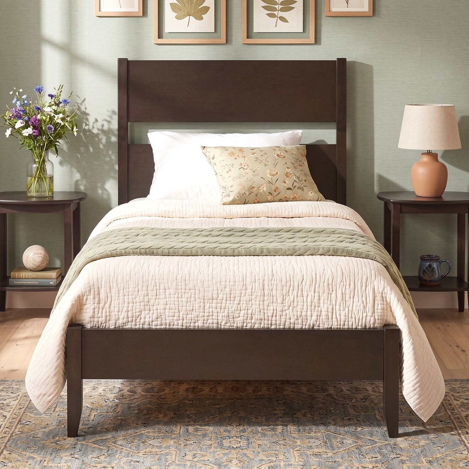 Furnibear Twin Bed Frame Wooden Bed Frame with Plank Headboard and 12 Slat Support for Bedroom and Guest Room, Dark Walnut
