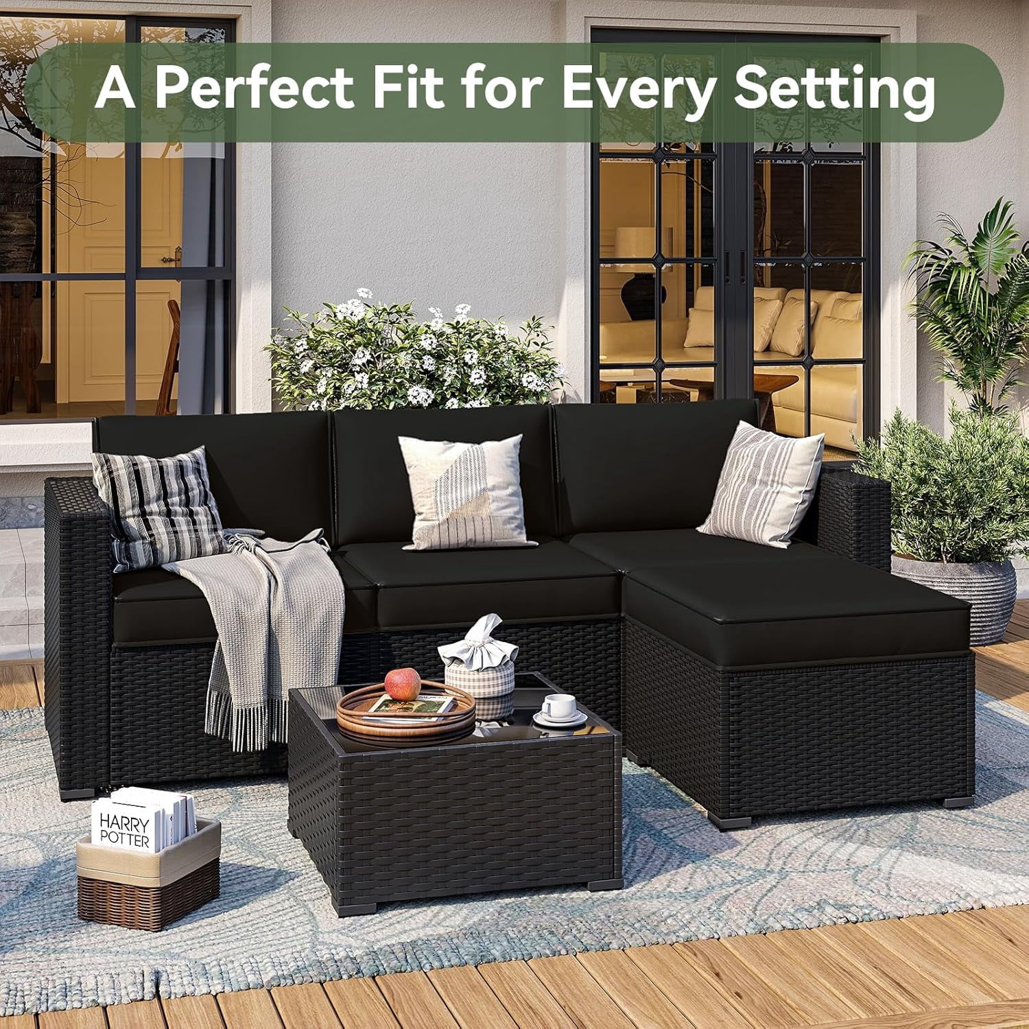 Aoxun Patio Furniture Cushions for Outdoor Furniture Set of 4, Thick Replacement Patio Couch Cushions for Outdoor Furniture, 7-Piece Splashproof Fade Resistant Outdoor Couch Cushions, Black