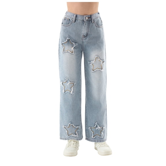 Girls Wide Leg Jeans Baggy Casual Demin Pants for Teen Kids Cute Loose Fit Trousers with Bow Back Pockets for Back to School Wide Leg Jeans with Elastic Waist