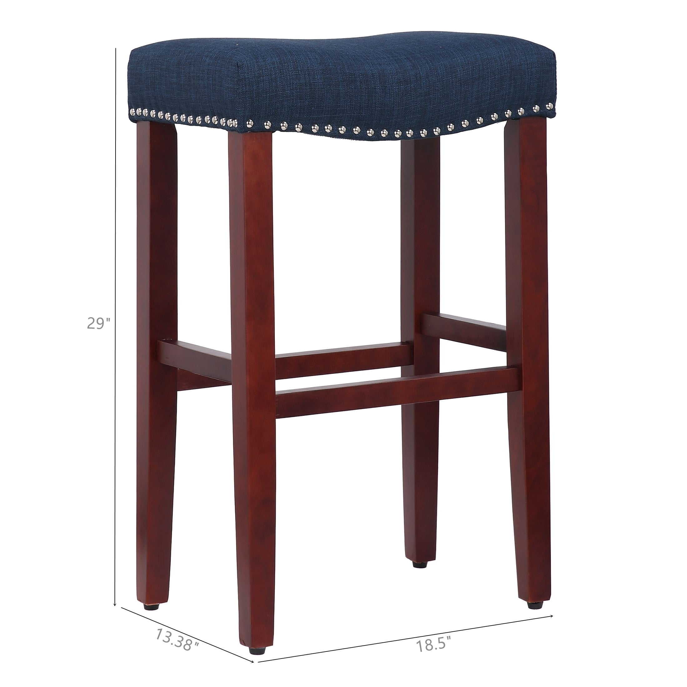 29" Inch Upholstered Saddle Seat Counter Stool (Set of 2), Cherry/Navy Blue