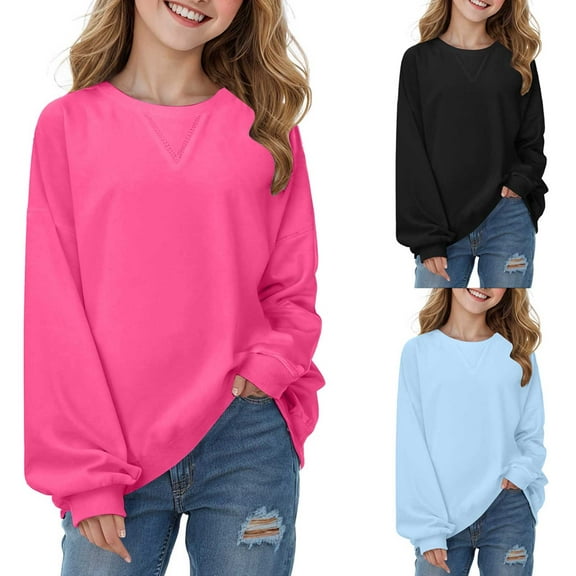 idosla Toddler Soft Thick Crewneck Tee Tops Girls Loose Casual Solid Color Soft Basic Long Sleeve Oversized Pullover (Light Blue, 7-8 Years)