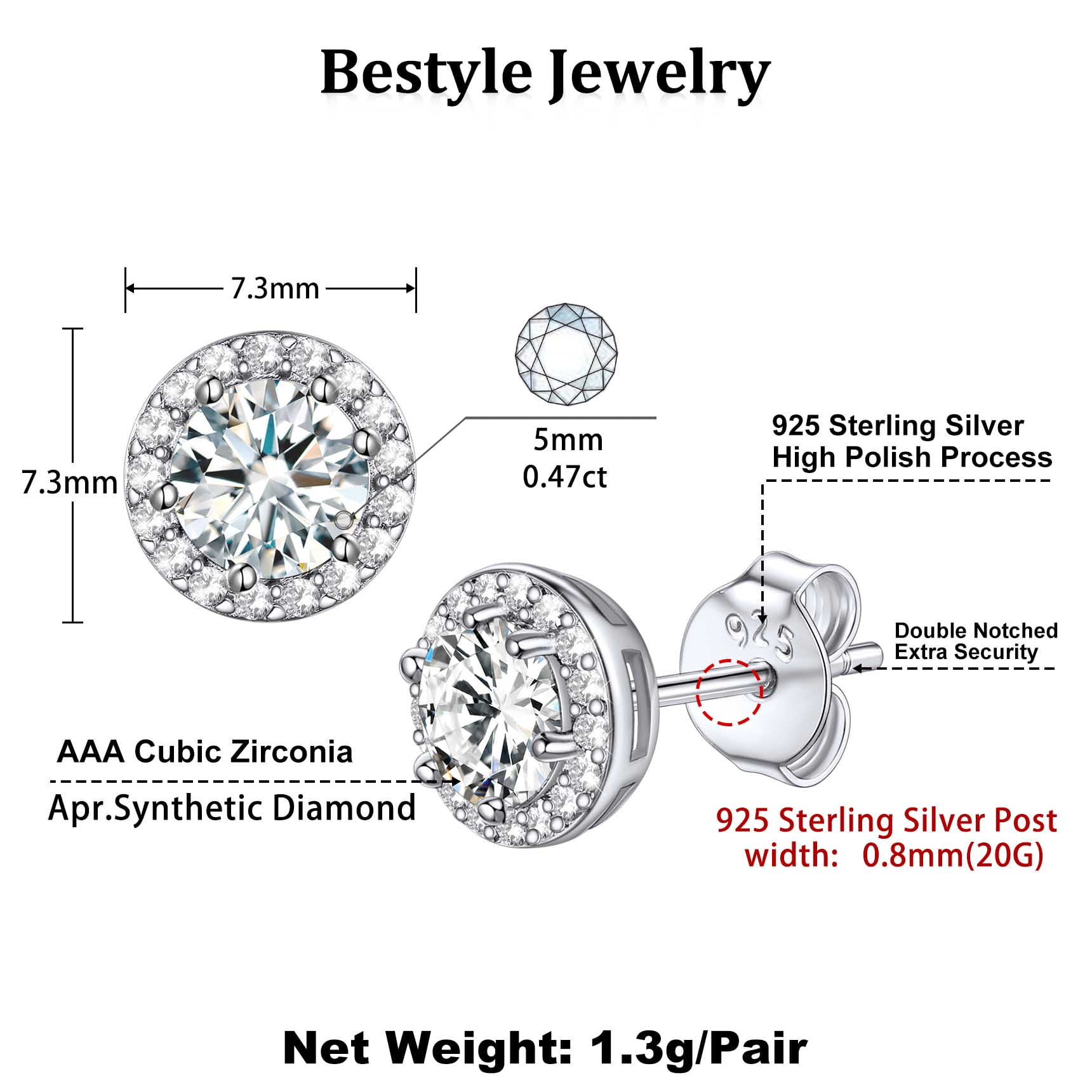 Bestyle Pure 925 Sterling Silver Birthstone Stud Earrings Round Synthetic Clear Quartz Diamond Studs Earrings Women Birthday Graduation Gifts April