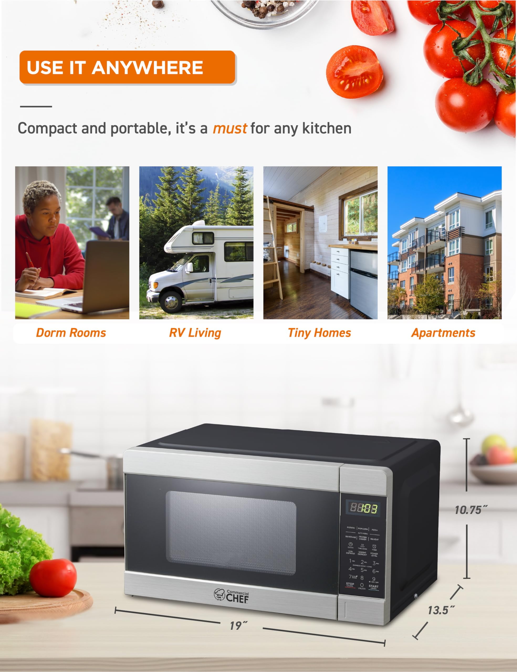Commercial Chef CHM009 Countertop Microwave 900W, 0.9 cu. ft., Stainless Steel and Black, Small