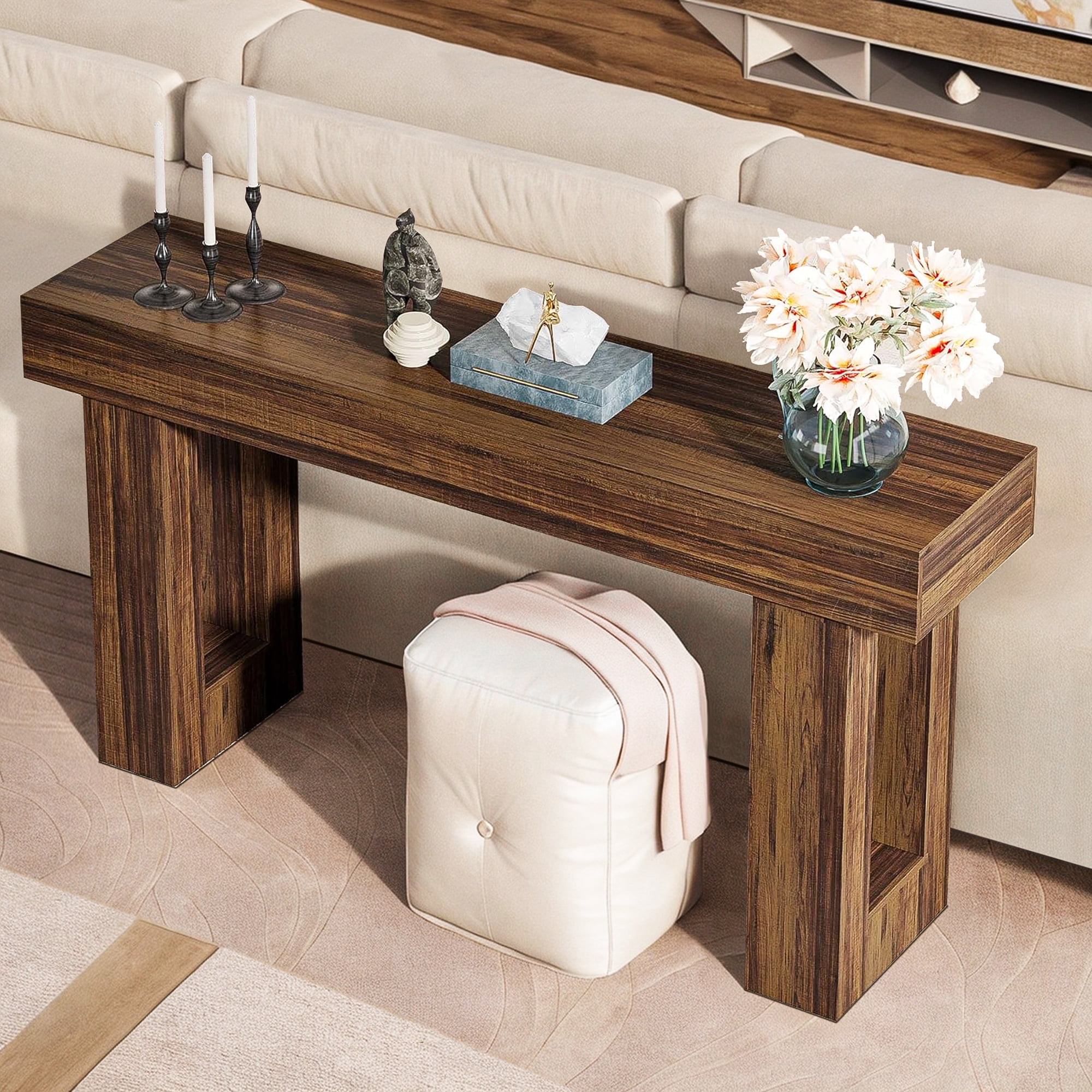 Demi Bonn 63" Farmhouse Console Table, Modern Living Room Sofa Table, Contemporary Entryway Hall Table, Foyer Display Table, Rustic Brown