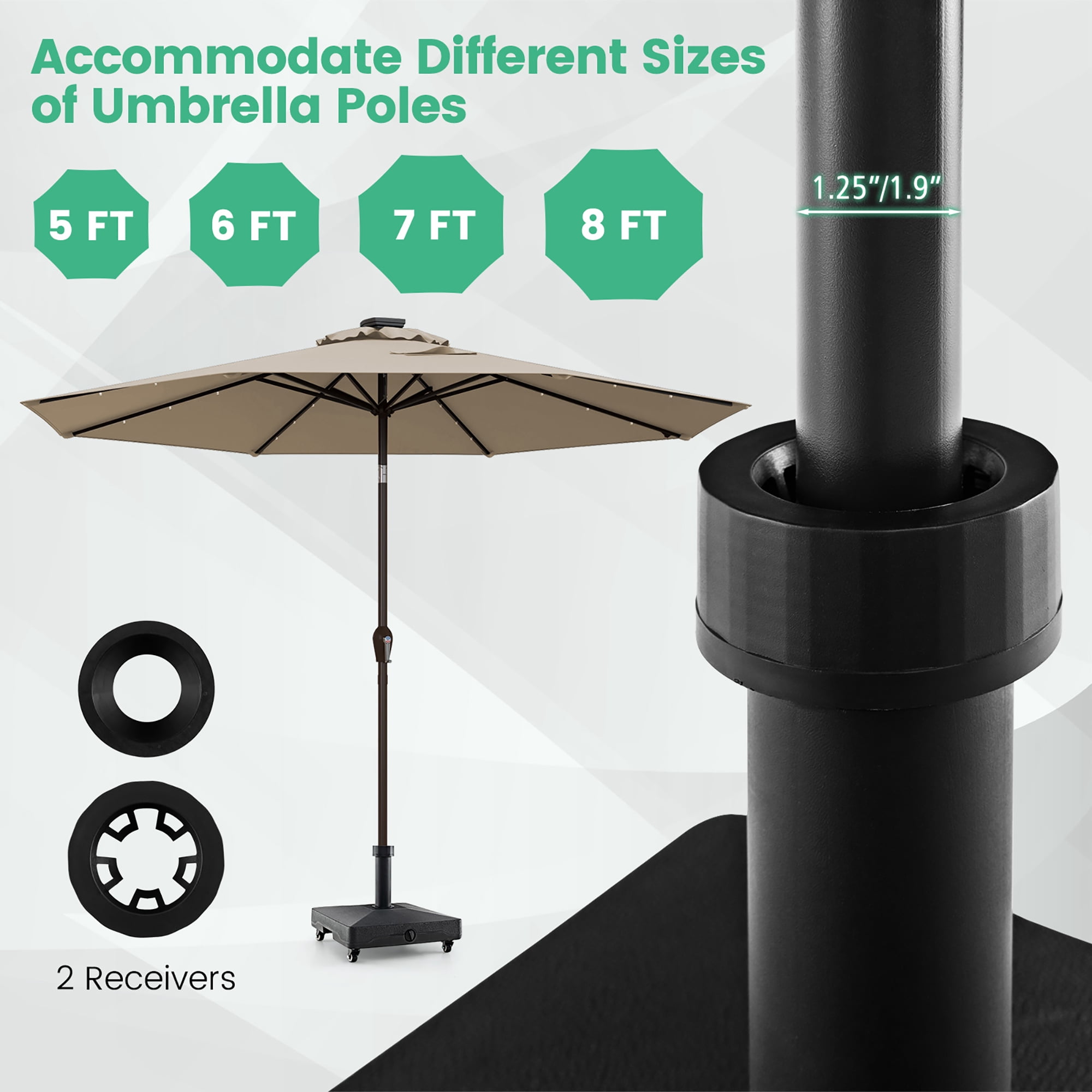 Gymax Patio Umbrella Base w/ 4 Universal Wheels 2 Receivers Square Pole Stand Outdoor