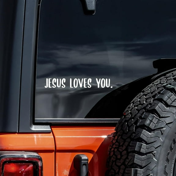 Jesus Loves You Decal Vinyl Sticker, 8" x 1", White, Die-Cut, Weather-Resistant, Made in USA