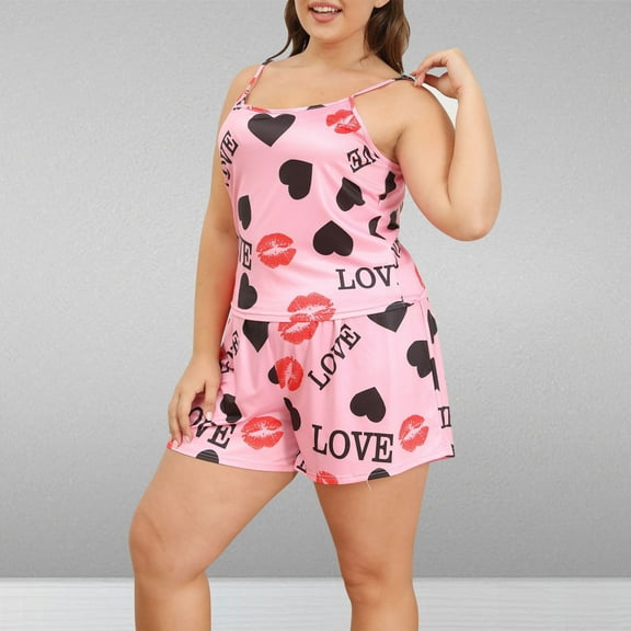 ZhiZhuang Pajamas Set for Women,Womens Plus Size Pajama Set Love Printed Sleeveless Tank Tops with Shorts Set Sleepwear Loungewear Outfits XL-5XL