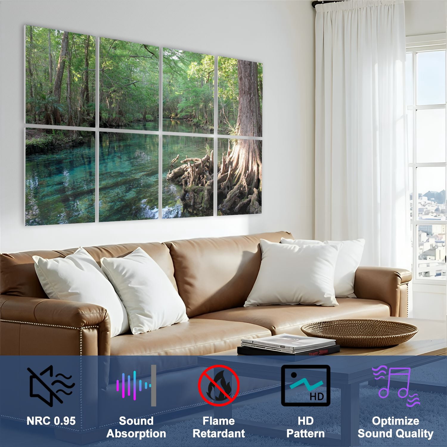 Forest 8 Pack Art Acoustic Panels Sound Absorbing Florida Fresh Water Springs Cypress Tree Swimming Hole Natural Decorative Soundproof Wall Panels Self Adhesive for Nursery Bedroom 48"x32"