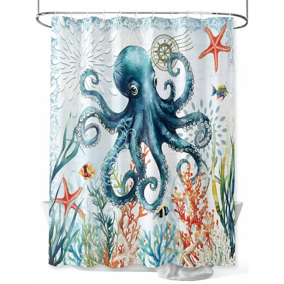 Boanket Polyester Fabric Octopus Coastal Shower Curtain, Summer Beach Ocean Coral Starfish Waterproof Bathtub Curtain Bathroom Decor Set with Hooks 66 x 72 Inches,