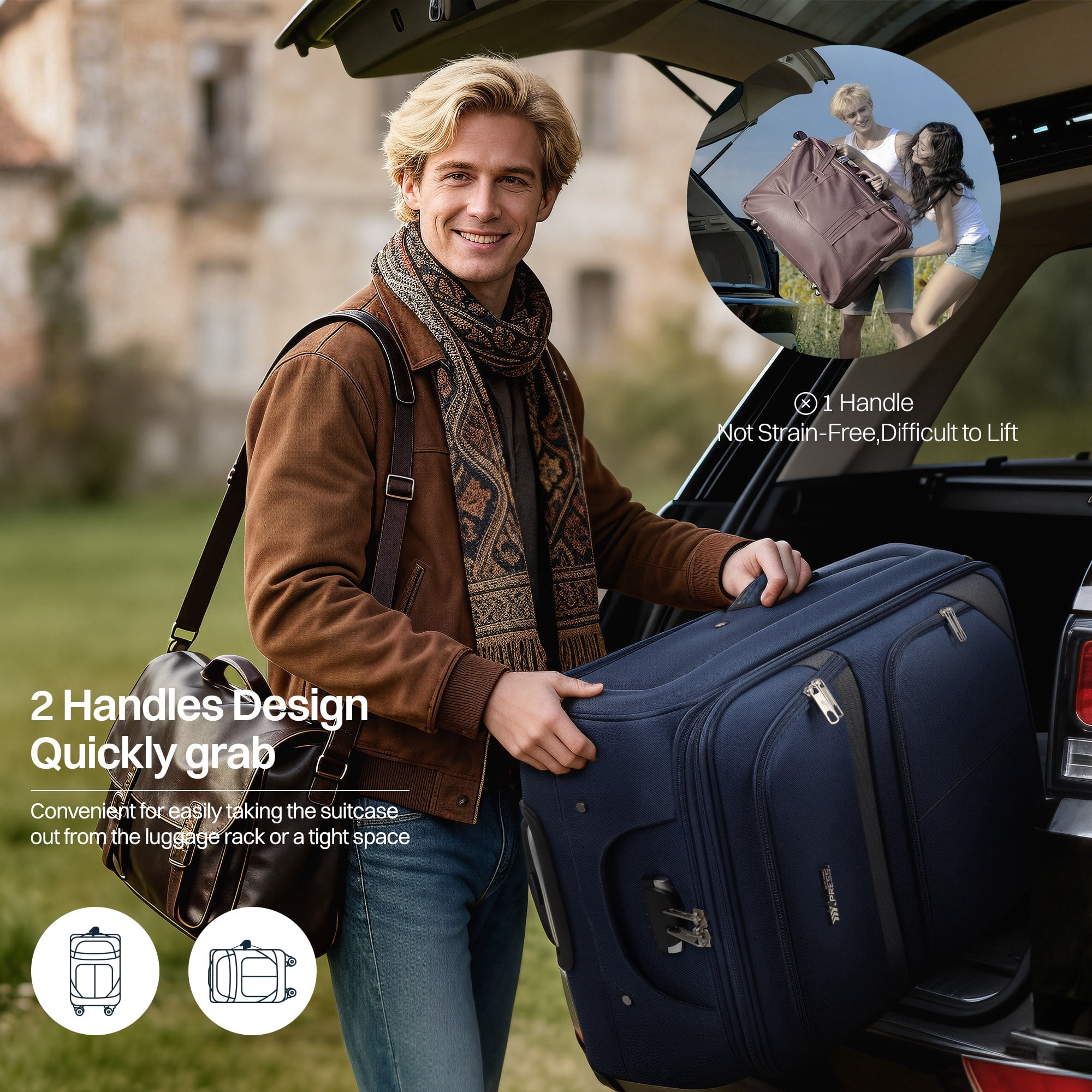 New York Xpress 3-Piece Softside Luggage Set Lightweight Spinner Expandable Suitcases, 20"/24"/28", Navy/Grey, WD8815