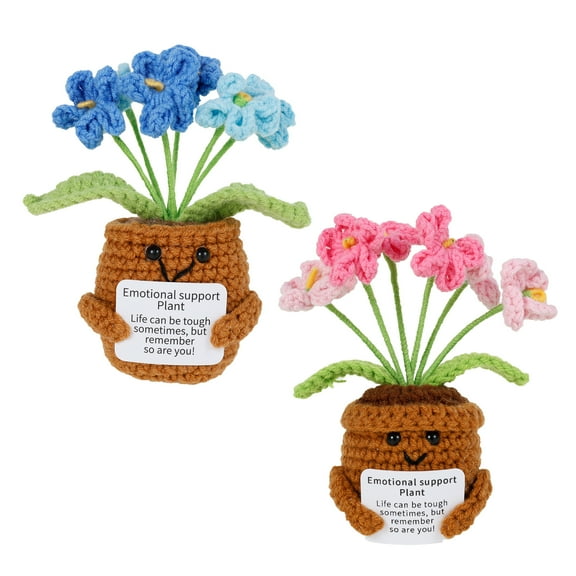 2Pcs Emotional Support Crochet Flower Cute Knitted Potted Plant Decor Small Handmade Knitted Flower for Home Car Office Present