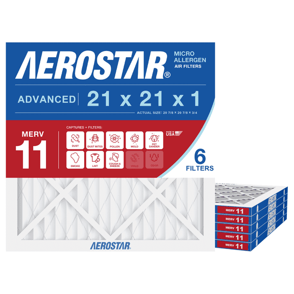 Aerostar 21x21x1 MERV 11 Air Filter, Pleated AC Furnace HVAC, Pet Dander Mold Smoke, 6 Pack