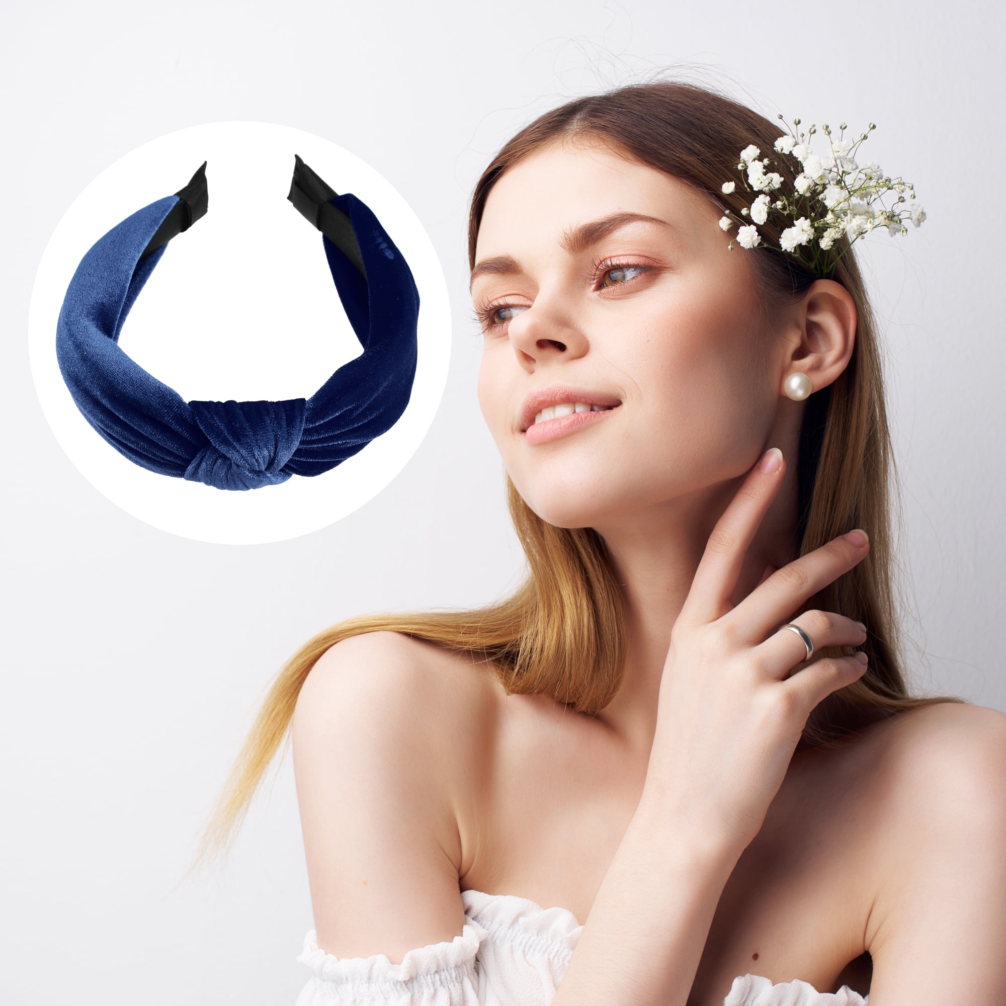 Unique Bargains Velvet Knotted Headbands Hairband for Women 1.2 Inch Wide Navy Blue