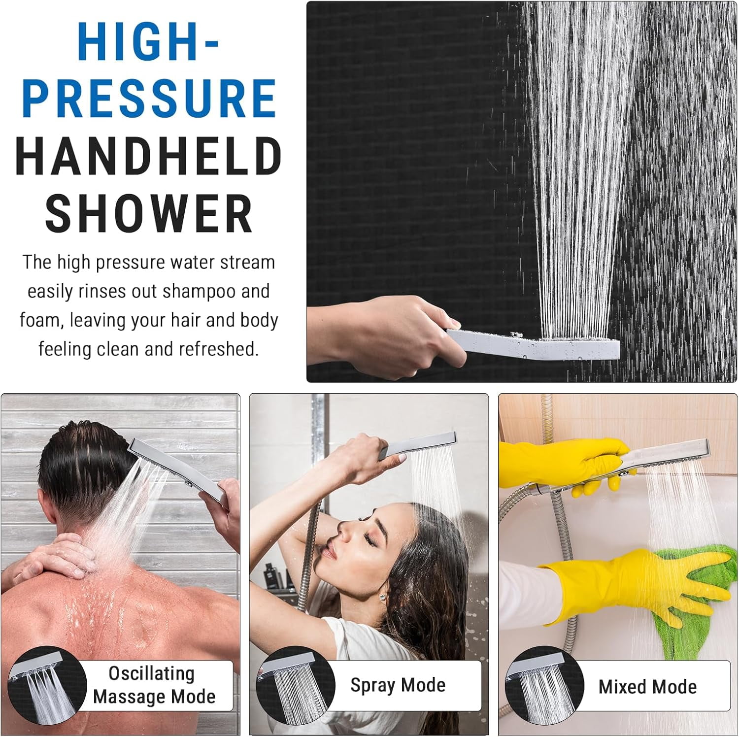 Metal 16 Inch Shower Head with Massage Mode Handheld, Rain Shower Head with Handheld Spray Combo, 3-Way Diverter with Pause Setting, 12 Inch Adjustable Extension Arm (Chrome)