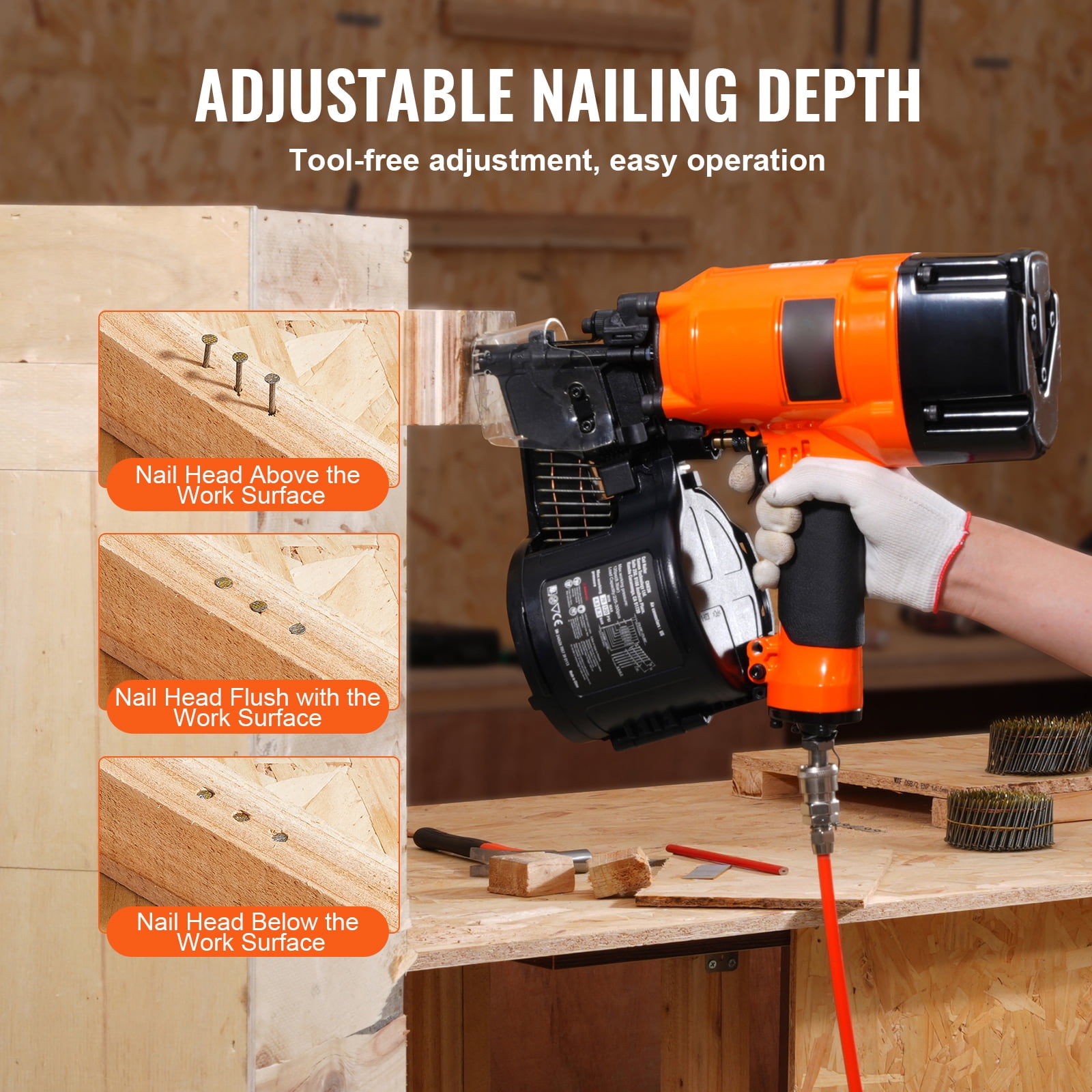 KFFKFF Pneumatic Coil Siding and Framing Nailer CN83N, Adjustable 2"-3.25" Nail Length, 15 Degree, 70-120PSI, Tool-Free Depth Setting, for Wood Fencing, Sheathing, Decking