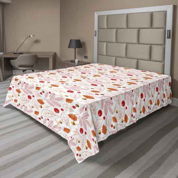 Ambesonne Autumn Flat Sheet, Season Forest Flora Design, King Size, Vermilion Mustard and White