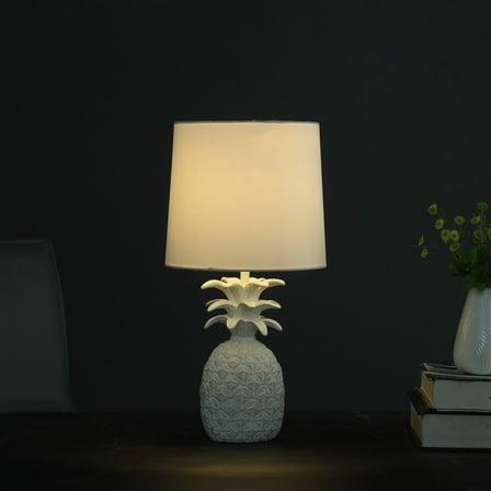 Noble House 17" Coastal Pineapple Table Lamp, Cottage Polyresin Base, White Drum Shade, E26 Light Bulb, White