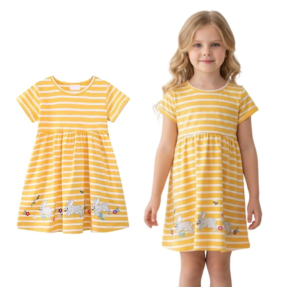 Toddler Easter Dress for Girls Short Sleeve Cute Embroidered Dress Striped Tshirts Dress Summer Dress Girl Dresses 2-3 Years
