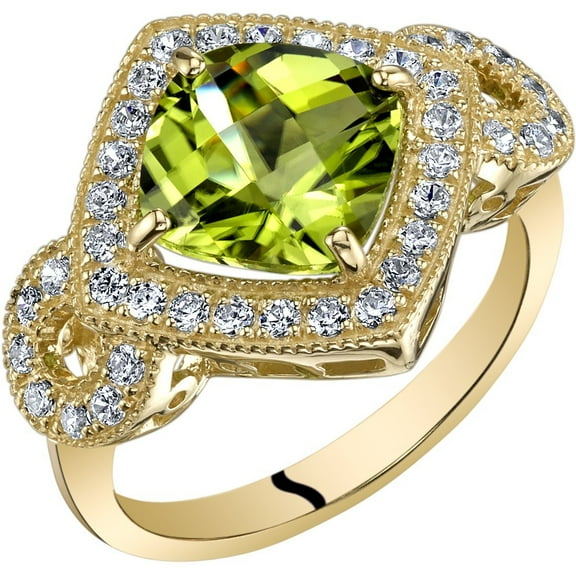 PEORA 14K Yellow Gold Peridot Ring for Women, Genuine Gemstone, 2.50 Carats Cushion Cut Size 6