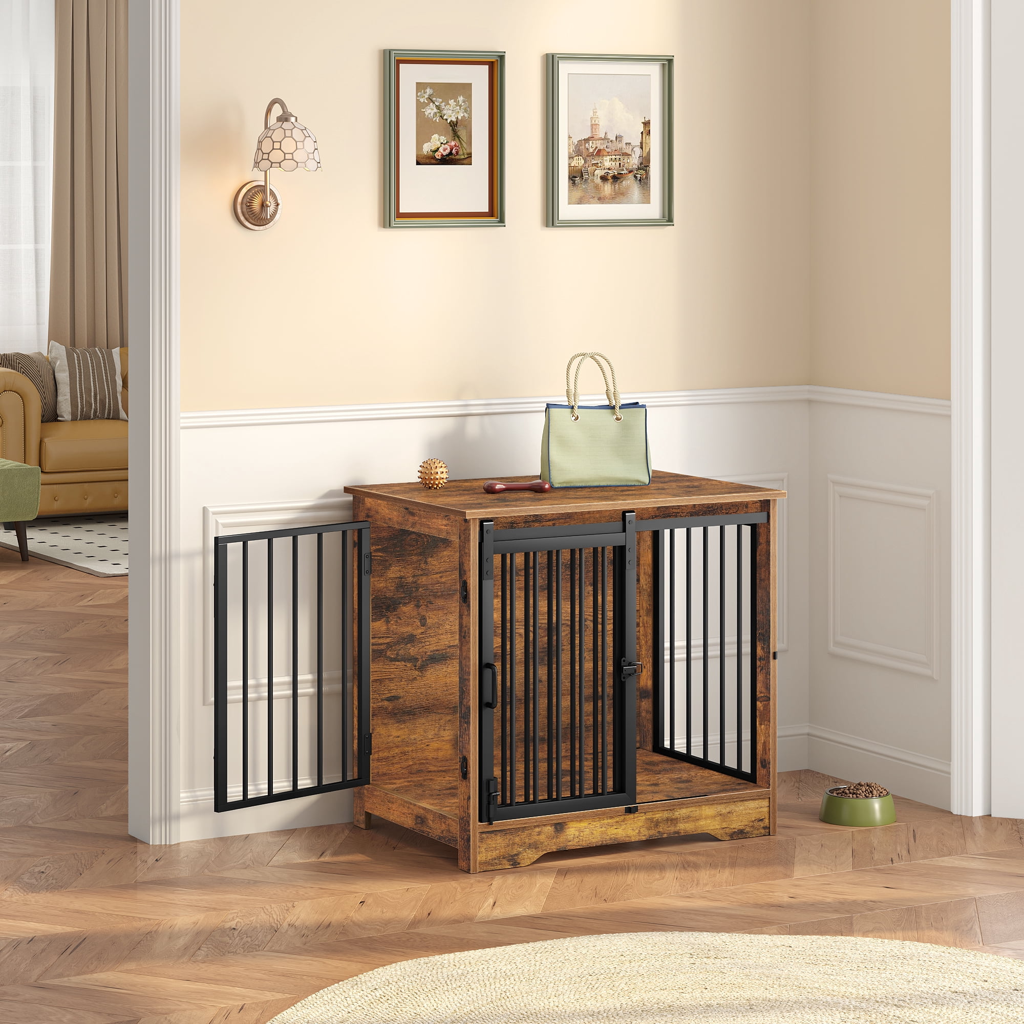 27.2" Dog Crate Furniture with Barn Door, Heavy Duty Wooden Kennel for Small Dogs up to 22 lb, Rustic Brown