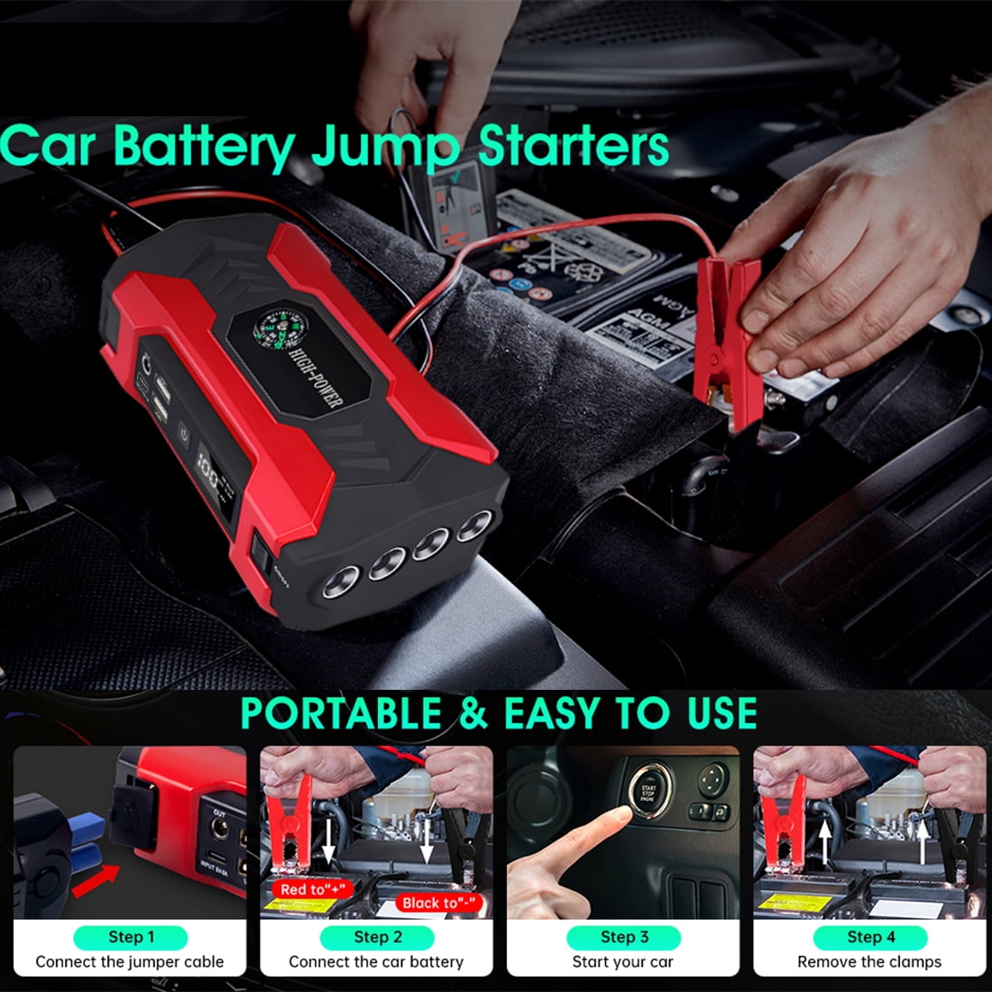 Car Jump Starter Multi-functional CarJump Box 28000mAh Portable Battery Charger Power Bank for Cell Phone, 4 USB Ports, LED Flashlight