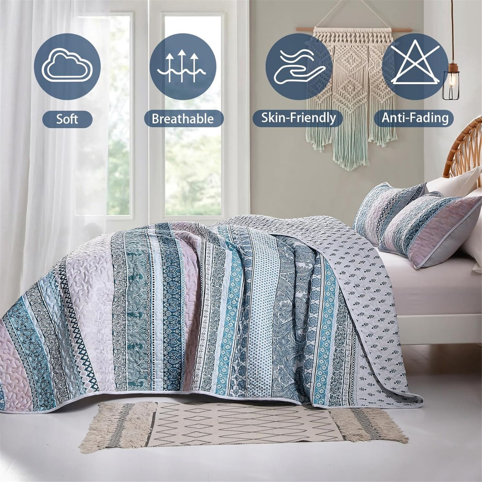 Dintszyayue Bohemian Quilt Set King Size, 3 Pcs Stripe Bedding Sets Lightweight Adult(90"x110")