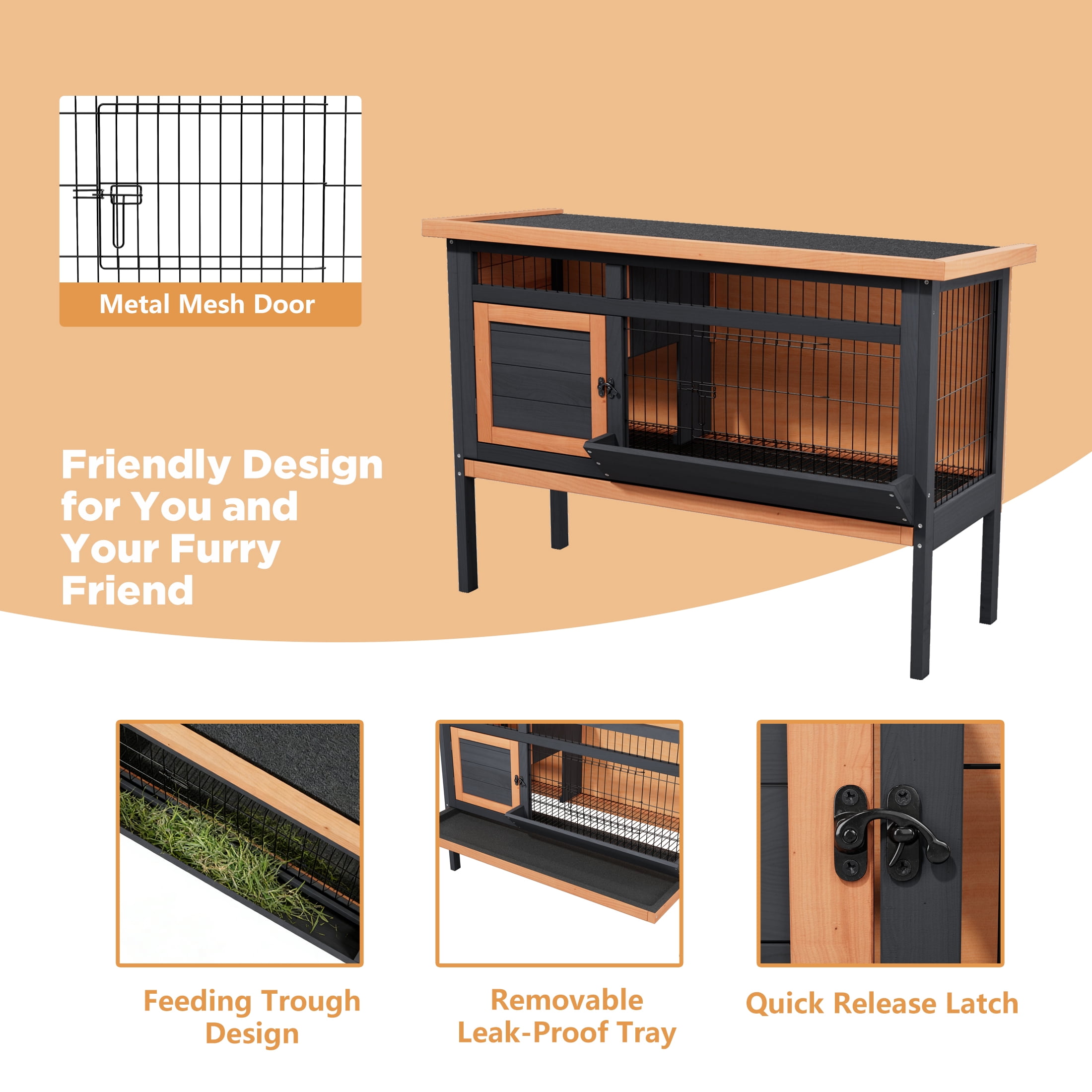 Weatherproof Elevated Rabbit Hutch with Metal Mesh Base, Removable Trays, Openable Roof & Feeding Trough, Orange & Black