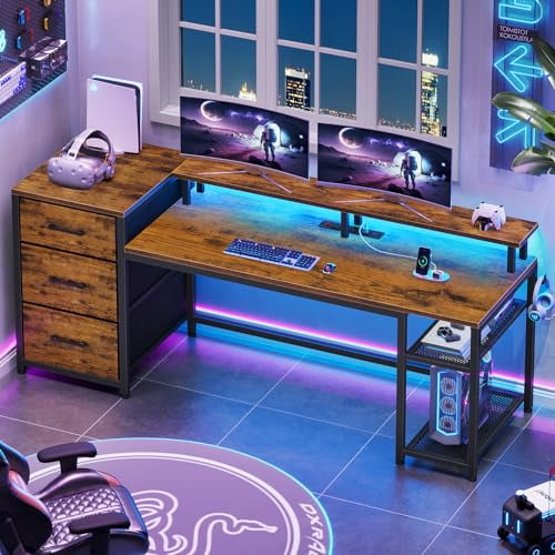 SEDETA 59" Office Desk with Drawers, Reversible Computer Desk with File Drawers & Storage, Gaming Desk with LED Lights & Power Outlet, Home Office Desks for Printer, Rustic Brown