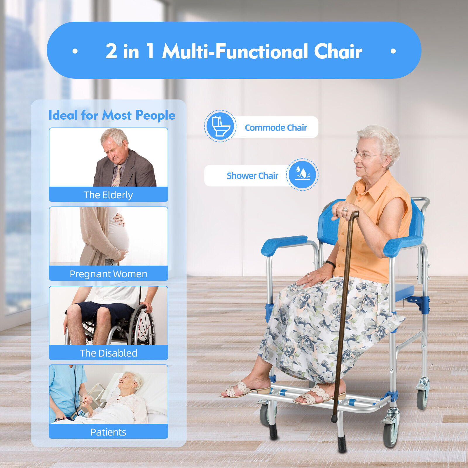 Elderly Shower Wheelchair,350lb Beside Commodes,Shower Potty Transport Chair,Bath Wheelchair Hight Adjustable,Flip Up Footrests Perfect for Handicap Disabled Travel Use