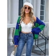 thumbnail image 4 of Womens 2025 Long Sleeve Fall Cropped Cardigan Sweaters Color Block Open Front Casual Loose Knit Outwear Blue S, 4 of 8
