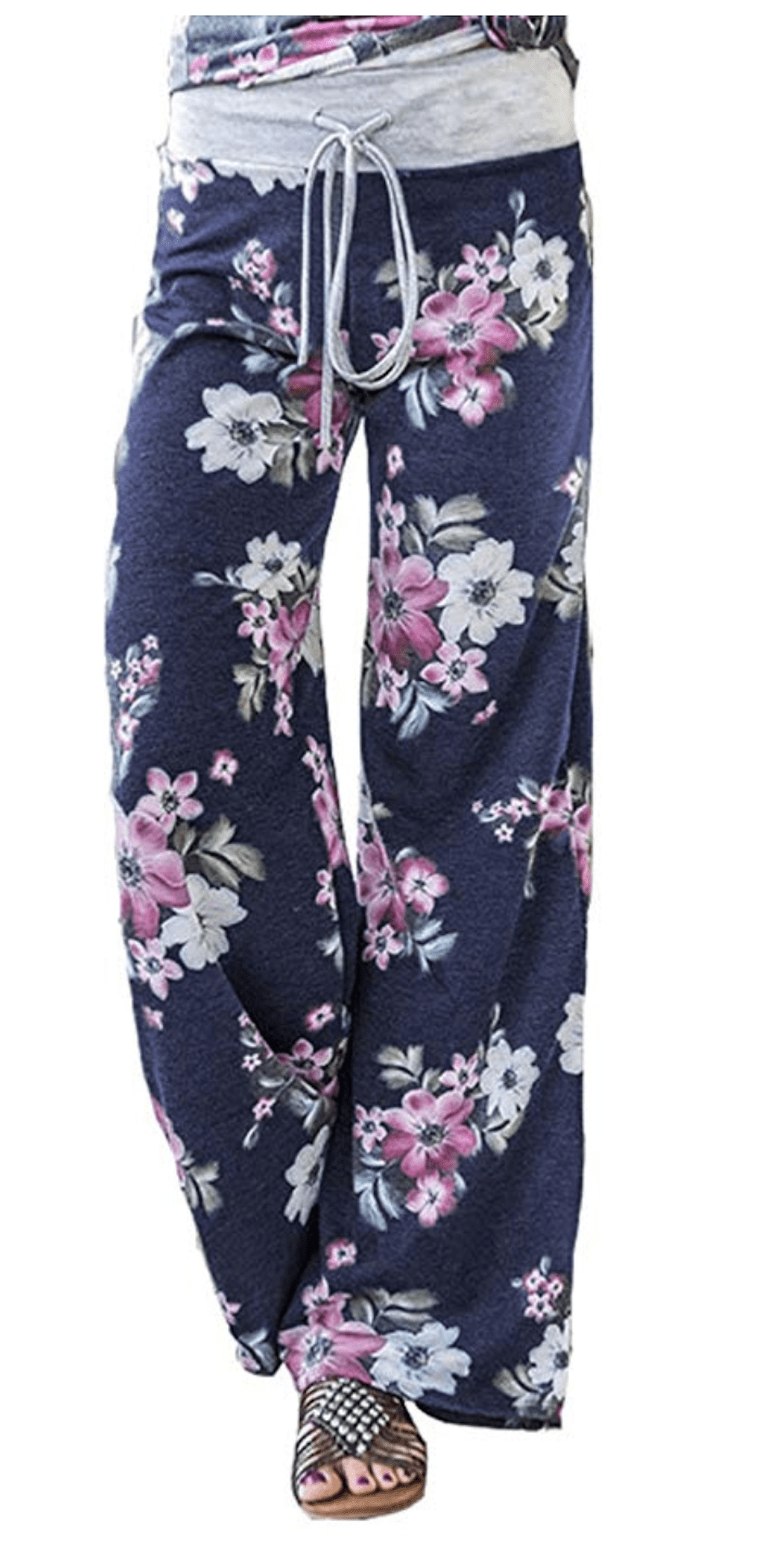 Medium,Black 6 Womens Printed Wide-Leg Pants Comfy Stretch Floral Print Drawstring Lounge Trousers Casual Stretchy Casualpants