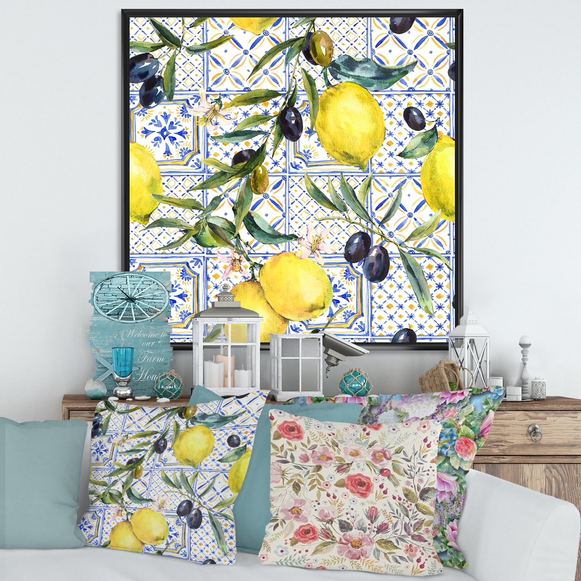Designart 'Geometrical Pattern of Lemon Ornament On Blue III' Tropical Framed Canvas Wall Art Print