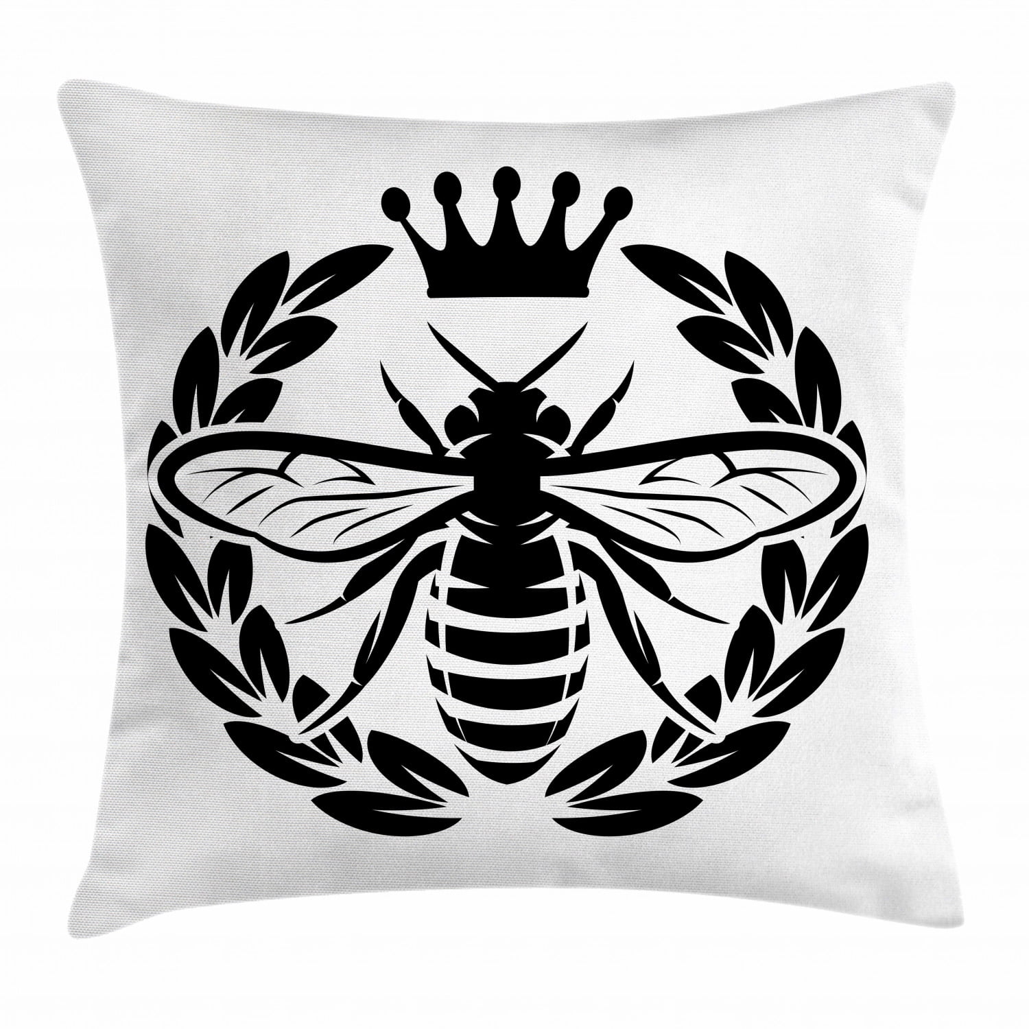 Queen Bee Throw Pillow Cushion Cover, Monochrome Wreath Insect and