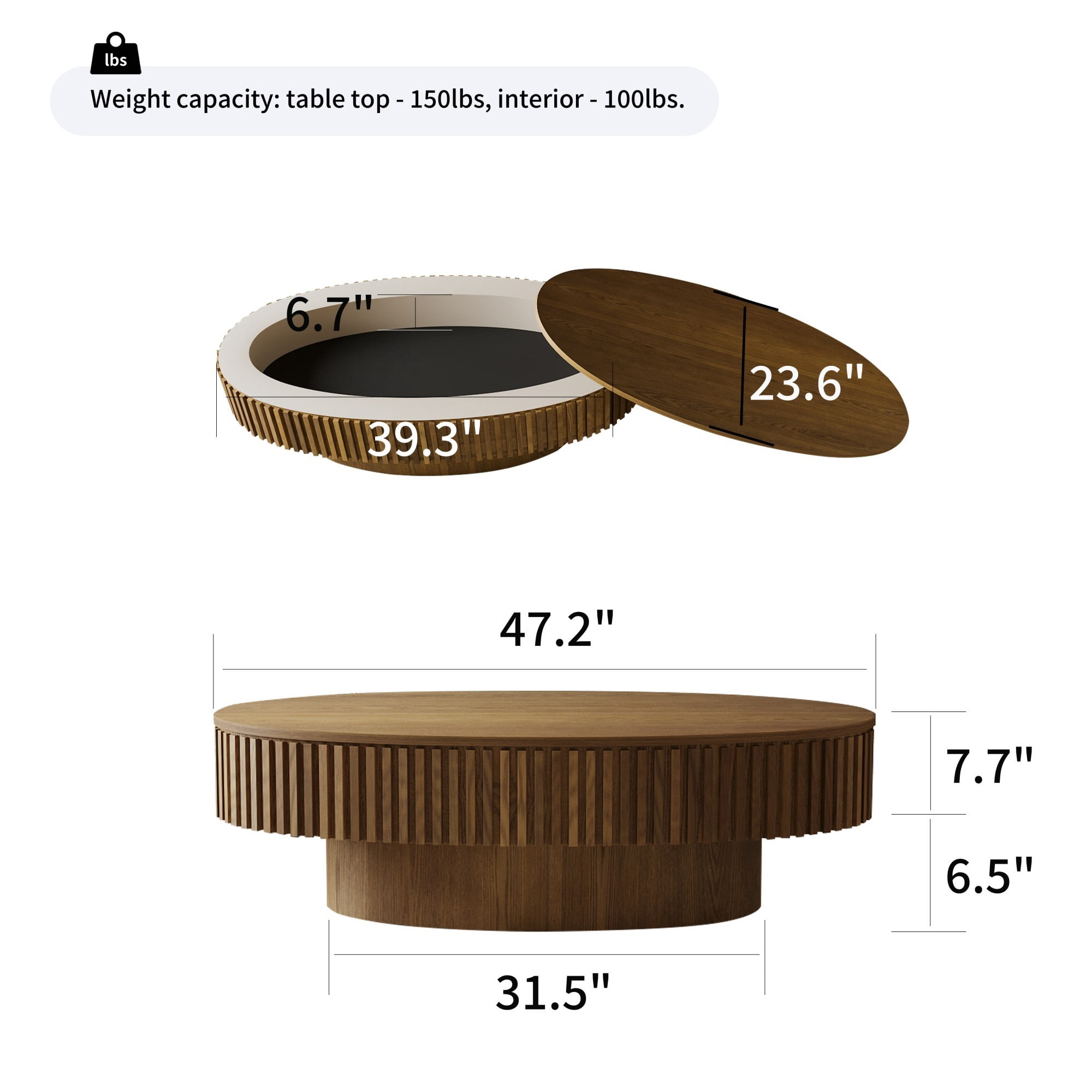 47" Oval Coffee Table with Storage, Fluted Modern Coffee Table with Hidden Storage, Wood Veneer Center Table for Living Room, Brown